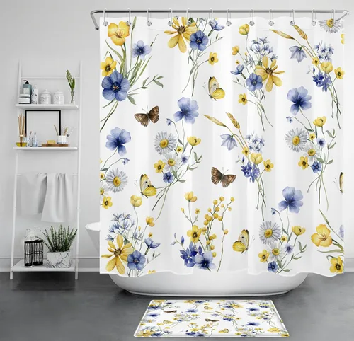 Miniatura 12 de EOBTAIN Cortina de ducha floral de acuarela para baño, margaritas y mariposas sobre tela beige con 10 ganchos, juego de cortinas de baño rústicas