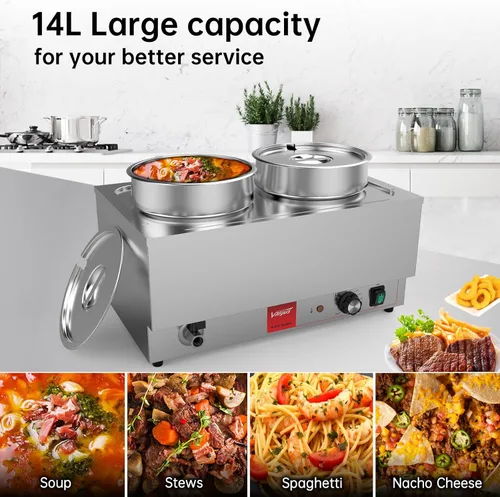 Miniatura 4 de Valgus Calentador de alimentos comercial de acero inoxidable Bain Marie, 2 ollas redondas, calentador de sopa eléctrico con tapa y grifo
