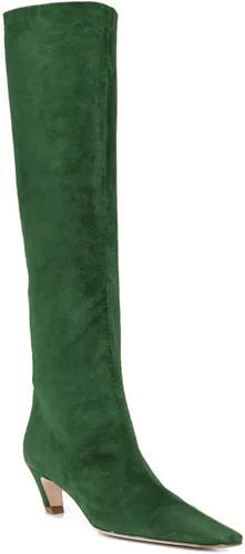 Miniatura 3 de MOOMMO Botas altas de tacón de gatito sobre la rodilla para mujer, punta cuadrada, de cuero mate, de meter de pantorrilla ancha, plisadas, tacón