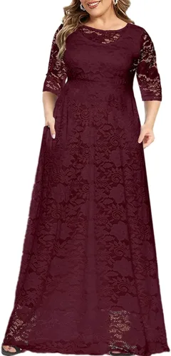 MAYFASEY Vestido de novia de encaje floral para mujer, talla grande, manga 34, dama de honor, fiesta de noche, vestido largo con bolsillos