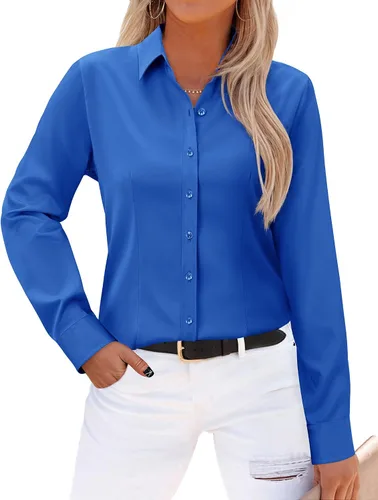 Miniatura 26 de Gleeivy - Camisas abotonadas para mujer, sin arrugas, de manga larga, camisas de vestir casuales con cuello V, ajustadas, de un solo