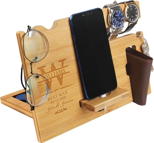 Miniatura 7 de Regalos para hombres – Estación de acoplamiento de madera personalizada – Organizador de mesita de noche grabado con soporte para teléfono, soporte