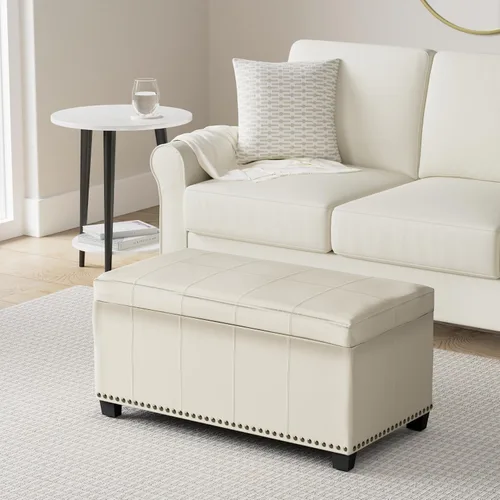 Miniatura 2 de SIMPLIHOME Amelia - Otomana de almacenamiento, banco otomano rectangular de cuero vegano de 33 pulgadas de ancho en negro medianoche, otomana