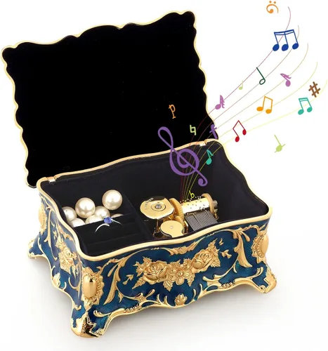 Miniatura 16 de ROSIKING Caja de música de aleación de metal en relieve en forma de corazón azul, caja musical antigua para joyería con cuerda, regalos