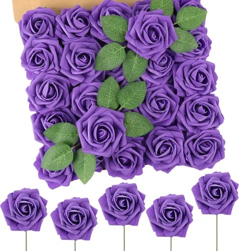 Miniatura 15 de N&T NIETING 25 unidades de flores artificiales, Rosas de espuma artificial de sensación real al tacto, decoración para boda, dama de honor, ramo
