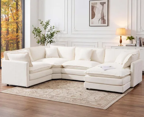 Miniatura 18 de Sofá modular Cloud seccional, moderno sofá modular en forma de L de felpilla con otomana y almohadas, sofás esquineros de asiento profundo de 5 Negro