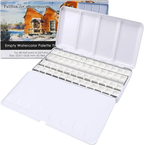MYARTOOL Paleta de Acuarela Vacía, Estuche de Pintura de Paleta de Lata de Acuarela Vacía con 48 Medias Bandejas de Acuarela para Paleta de Acuarela