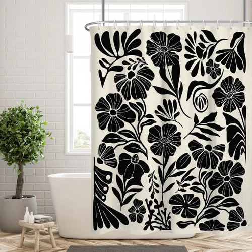 Miniatura 8 de Black Floral Shower Curtain Stall Small Half Single Mini Boho Flower Farmhouse Vintage Gothic Abstarct Retro Funky Botanical Moody Fabric Cloth