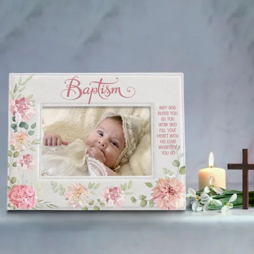 Miniatura 2 de KATE POSH Marco de fotos de bautismo para niña, decoración de flores rosas, bautizo, regalo religisoso, de padrinos, bebé nuevo (4 x 6 horizontal)