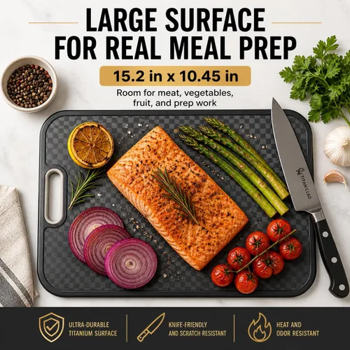 Miniatura 5 de Tabla de cortar de titanio para cocina, tabla de cortar de doble cara de grado alimenticio, titanio puro y paja de trigo PP, resistente a