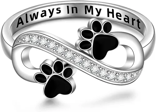 Anillo de plata de ley con estampado de pata de gato y perro para mujer, anillos con estampado de pata de infinito Always In My Heart Memorial