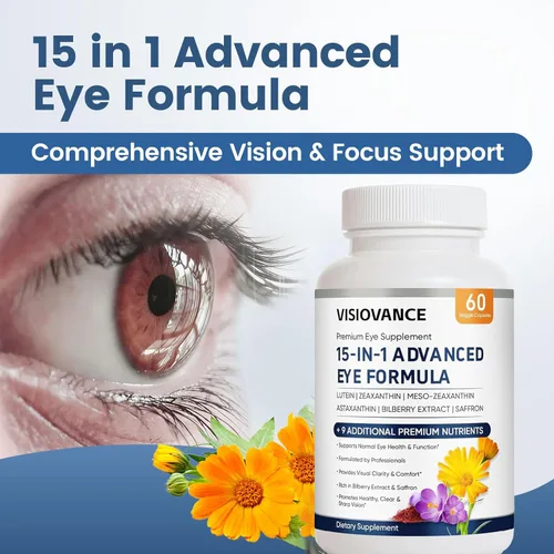 Miniatura 3 de VisioVance Fórmula avanzada 15 en 1 para ojos, vitamina ocular y suplemento mineral con luteína, zinc, luteolina, zeaxantina y extracto de arándano