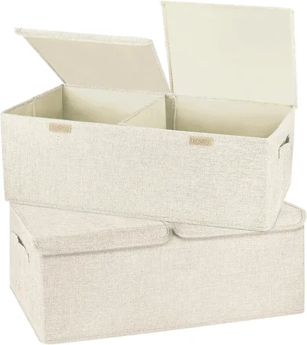 Paquete de 2 Cajas de Almacenamiento Grandes con Tapas y Asas, Contenedores Organizadores Cestas Cubos de Almacenamiento de Lino Plegables con Crema