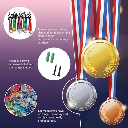 Miniatura 4 de SUPERDANT Soporte de exhibición de medallas deportivas de gimnasia para mujer, colgador de montaje en pared de metal con 17 ganchos para exhibición