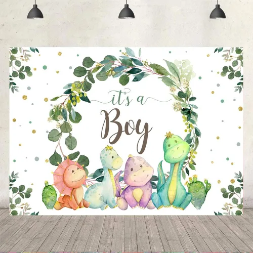 Miniatura 4 de Decoraciones de dinosaurio para baby shower para niño, telón de fondo de dibujos animados, cactus y hojas de eucalipto, fondo de fotografía