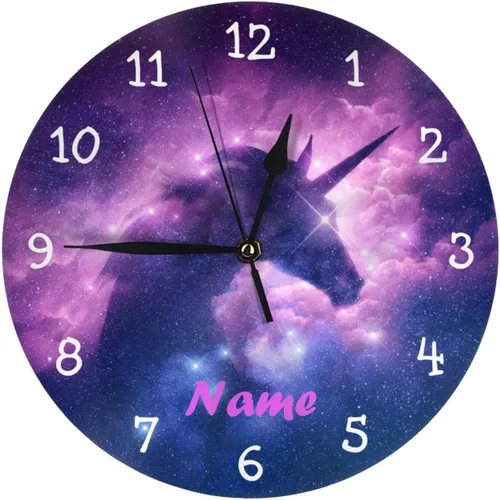 Miniatura 10 de Reloj de pared personalizado con diseño de unicornio y rosa con purpurina para habitación de los niños, reloj de pared personalizado con nombre