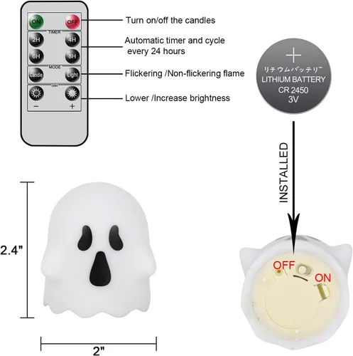 Miniatura 3 de Wondise Velas sin llama de Halloween con control remoto y temporizador, paquete de 6 velas LED parpadeantes con pilas fantasmas para decoración
