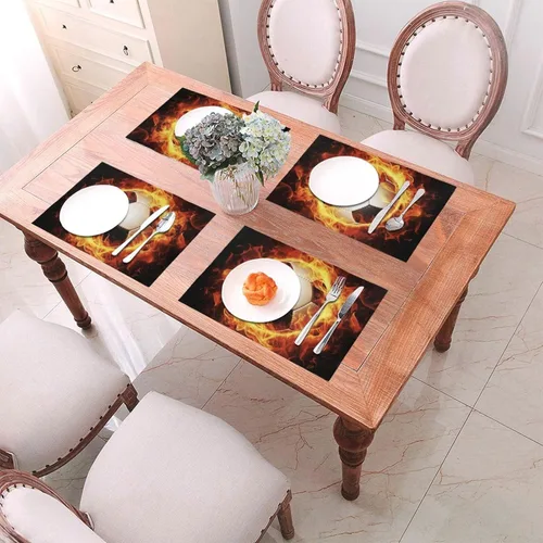 Miniatura 4 de 6 PCS PVC Placemats Set Place Mats Burning Football Non-Slip Weave Place Mats 12" x 18" Farmhouse Table Mat Set for Family Dinners Wedding Parties