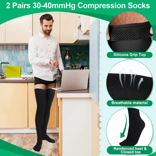Miniatura 3 de Supervitae 2 pares de calcetines de compresión de 30-40 mmHg para hombres y mujeres, calcetines de compresión extra firmes con punta cerrada