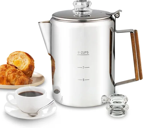 Miniatura 10 de Cafetera Percoladora Multiuso de Acero Inoxidable para Estufa con Dos Perillas de Vidrio Borosilicato Resistente Mango de Sílice Cafetera