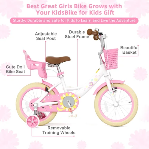 Miniatura 4 de Glaf - Bicicleta para niñas de 12, 14, 16 pulgadas con ruedas de apoyo, bicicleta para niños pequeños de 2 a 9 años, bicicleta con canasto y asiento