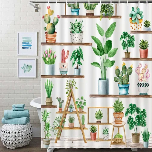 Miniatura 5 de Cortina de ducha de plantas verdes de granja, cortina de ducha bohemia con plantas en maceta para baño, cactus suculentas, decoración para baño