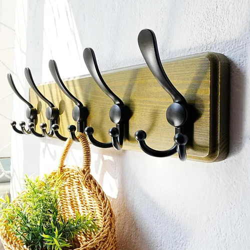 Miniatura 45 de Dseap Perchero de Pared Montado - 5 Ganchos Triangulares, Resistente, Perchero de Pared de Madera para Abriggos, Sombreros, Chaquetas, Ropa, Negro