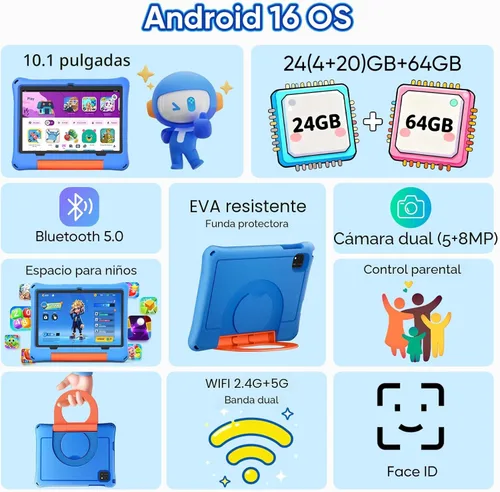 Miniatura 2 de Tablet infantil de 10 pulgadas, tableta Android 16 para niños, procesador Octa-Core, 24 GB de RAM, 64 GB ROM 1TF tarjeta expandible para niños Azul