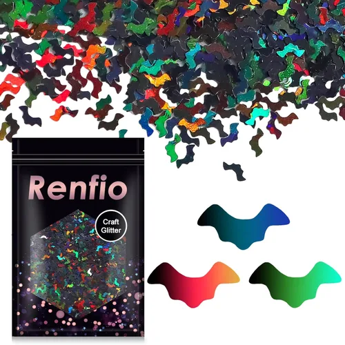 Renfio 1.75 onzas, 1.76 oz, holográfico, confeti, murciélagos, forma de murciélagos, lentejuelas brillantes, resina brillante, lentejuelas gruesas