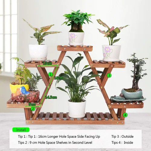 Miniatura 6 de Soporte de madera para plantas para interiores, estante de 6 niveles con forma de triángulo, soporte para macetas de múltiples niveles para patio