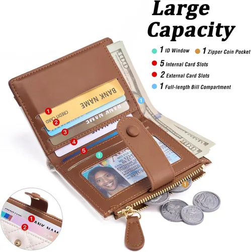 Miniatura 6 de GAEKEAO Billetera pequeña para mujer, de piel plegable, con bloqueo RFID, tarjetero para tarjetas de crédito, bolsillo con cremallera, monedero