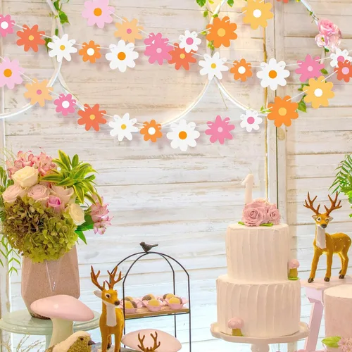 Miniatura 4 de Henoyso Paquete de 5 decoraciones de margaritas bohemias para fiesta, guirnalda de margaritas con recortes de flores hippie para verano, boda