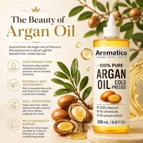 Miniatura 5 de Aromatico 100% Pure Argan Oil 7 fl oz – Lightweight, Non-Greasy Hair & Skin Oil for Smooth, Shiny Hair & Deep Moisture – Cold Pressed Multipurpose