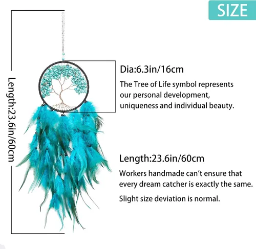 Miniatura 2 de Pretty Jolly Atrapasueños de árbol de la vida azul aguamarina, decoración de pared con piedra de cristal curativo, hecha a mano, plumas azules