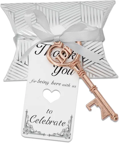 Aokbean 50 unidades vintage esqueleto LOVE abrebotellas de almohada, caja de caramelos, etiqueta de agradecimiento con cinta francesa, regalo de Oro