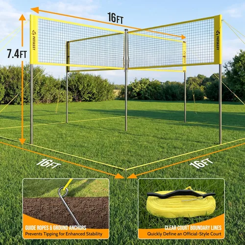 Miniatura 7 de 4 Square Volleyball Game Set, 4 Way Net System with 16FT & 32FT Court, Adjustable Height Backyard Badminton Combo, Portable Outdoor Kit with Ball