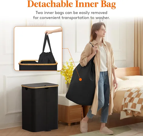 Miniatura 4 de Lifewit - Cesto de lavandería doble de 150L con tapa, canastas grandes para la ropa con bolsas extraíbles, 2 secciones, cestos estéticos