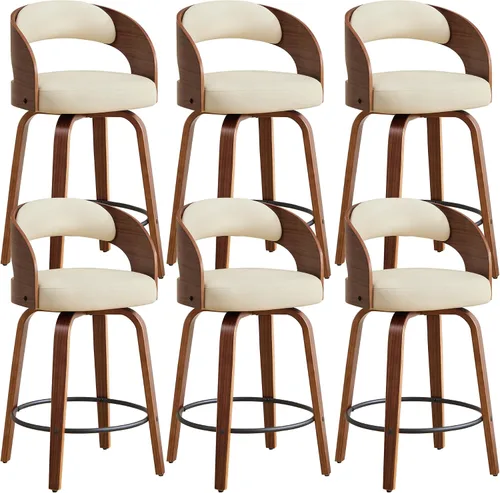 Miniatura 15 de Juego de 1 taburete de bar giratorio, 26" de cuero sintético tapizado, altura de mostrador con respaldo, silla de bar moderna de mediados de siglo