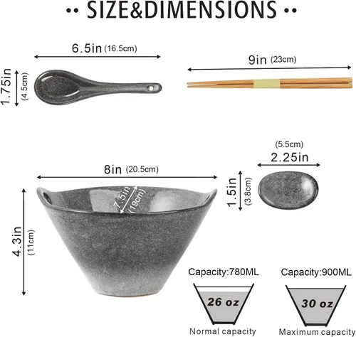 Miniatura 2 de UNICASA Juego de 2 cuencos japoneses para ramen con palillos, cucharas y reposos, 26 onzas, para fideos de porcelana profunda, Udon, Pho, ensalada