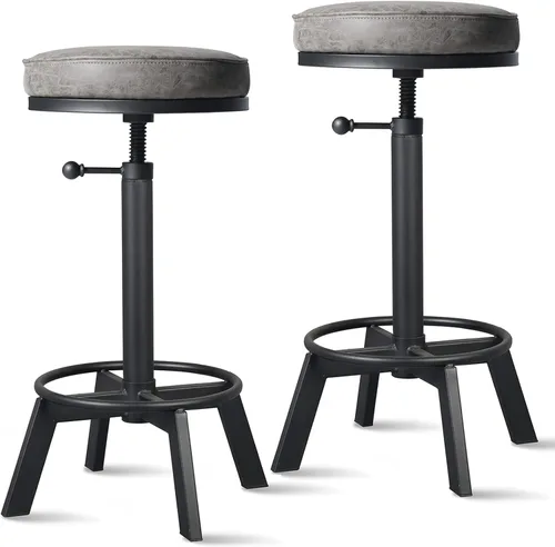 Juego de 2 Taburetes de Bar Vintage Industriales con Asiento Giratorio de PU, Altura de Mostrador Ajustable 24-28 pulgadas, Silla de Comedor para