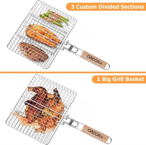 Miniatura 8 de ORDORA Cesta para parrilla, cesta para parrilla de pescado, cesta de barbacoa de acero inoxidable resistente al óxido para carne, bistec, etc.