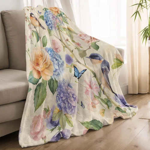 Miniatura 2 de Manta ligera de pájaros y mariposas, regalos para amantes de la naturaleza, manta de franela con rosa colorida y hortensias impresas para sofá