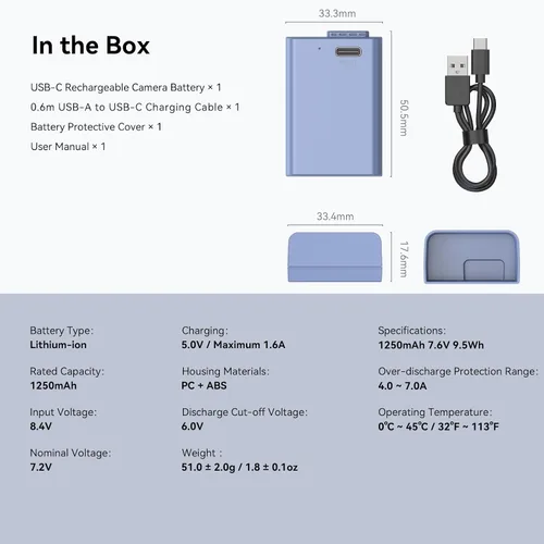 Miniatura 9 de SMALLRIG Batería de repuesto USB-C de 1250 mAh para Nikon EN-EL25, batería recargable de cámara para Nikon Z30 / Z50 / Z fc, carga rápida de 1.75