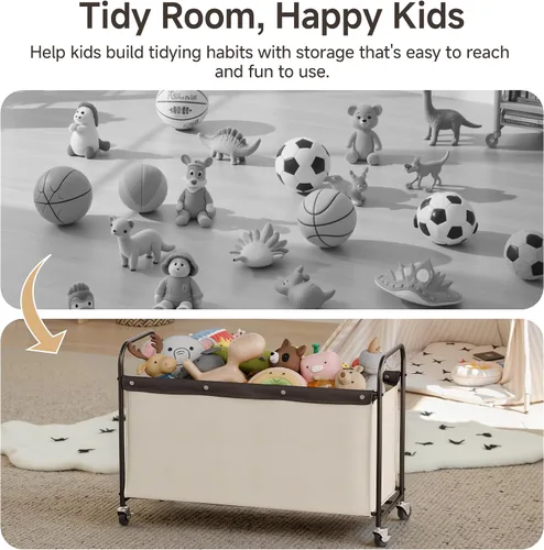 Miniatura 5 de StorageWorks Caja de juguetes con ruedas para niños, baúl grande de almacenamiento y organizador de juguetes de 135 litros, caja de juguetes de Beige