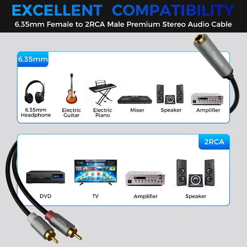 Miniatura 6 de Cable de audio de 0.250 in a 2RCA, 0.250 in 1/4 pulgadas hembra TRS a estéreo Dual RCA macho y divisor de audio, cable adaptador de audio chapado