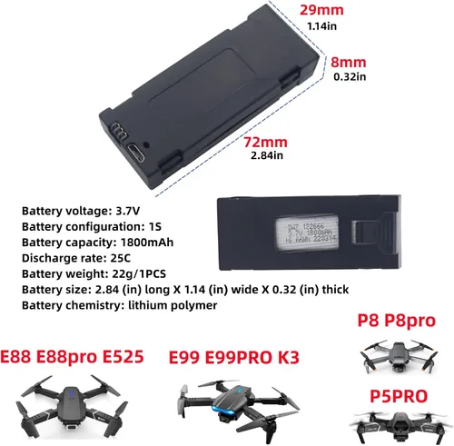 Miniatura 2 de Accesorios 3 unids 3.7 V 1800 mAh Li-ion Batería para E88 E88PRO E88MAX E525 E99 E99PRO P1 P5PRO K3 S1 P8 RC UAV Apare Li-ion Batería RC Quadcopter