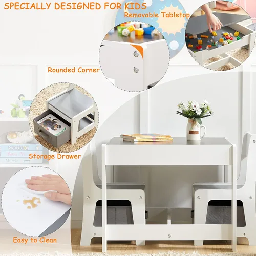 Miniatura 4 de GTOLV Juego de mesa y silla para niños, mesa de actividades de madera 3 en 1 con cajón de almacenamiento para niños pequeños, dibujo, lectura, Gris