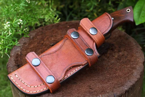 Miniatura 6 de Cuchillo de caza de Damasco hecho a mano con funda de cuero de transporte horizontal, hoja fija de espiga completa para camping, senderismo