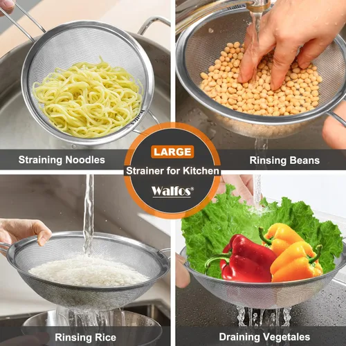Miniatura 2 de Walfos Colador grande de malla fina de 9.35 pulgadas, tamiz de malla de acero inoxidable 30 con mango resistente, coladores de alimentos de cocina