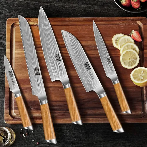 Miniatura 5 de HOSHANHO Juego de cuchillos de cocina de 5 piezas, cuchillos de chef profesionales de acero súper Damasco ultra afilados con mango ergonómico